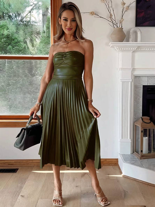 Heidi-Mode | Midi-Lange Kleid aus Kunstleder Plissiert Bustier Rückenfrei Ärmellos Damen Elegant Lässig Cocktail