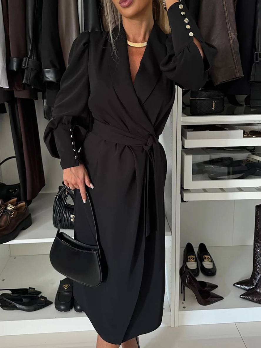 Heidi-Mode | Midi-Lange Blazer Kleid V-Ausschnitt Geschnitten Knöpfe Gürtel Bischof Ärmel Frauen Elegant Lässig