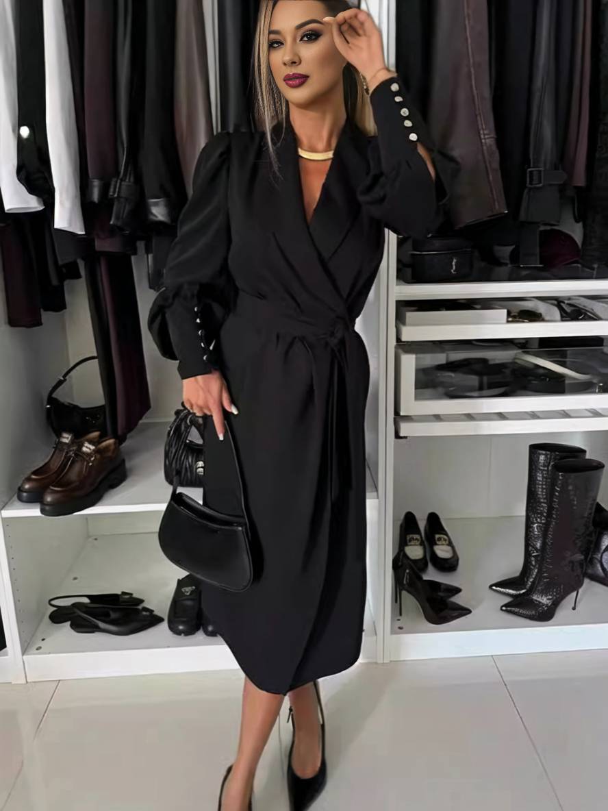 Heidi-Mode | Midi-Lange Blazer Kleid V-Ausschnitt Geschnitten Knöpfe Gürtel Bischof Ärmel Frauen Elegant Lässig