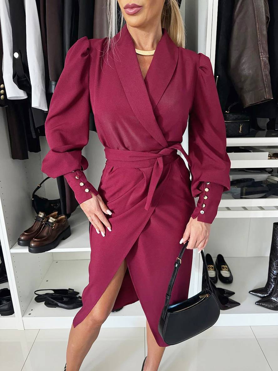 Heidi-Mode | Midi-Lange Blazer Kleid V-Ausschnitt Geschnitten Knöpfe Gürtel Bischof Ärmel Frauen Elegant Lässig