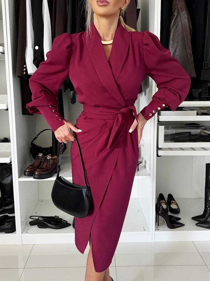 Heidi-Mode | Midi-Lange Blazer Kleid V-Ausschnitt Geschnitten Knöpfe Gürtel Bischof Ärmel Frauen Elegant Lässig