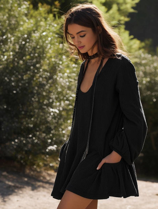 Heidi-Mode | Kurzarm Einfarbig mit Volant Taschen Damen Casual Elegant Mode Locker Lässig