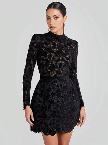 Heidi-Mode | Kurzes A-Linien-Kleid aus Spitze mit Englischer Stickerei, Rundhalsausschnitt, Lange Ärmel, Elegantes Damen Abend Cocktailkleid