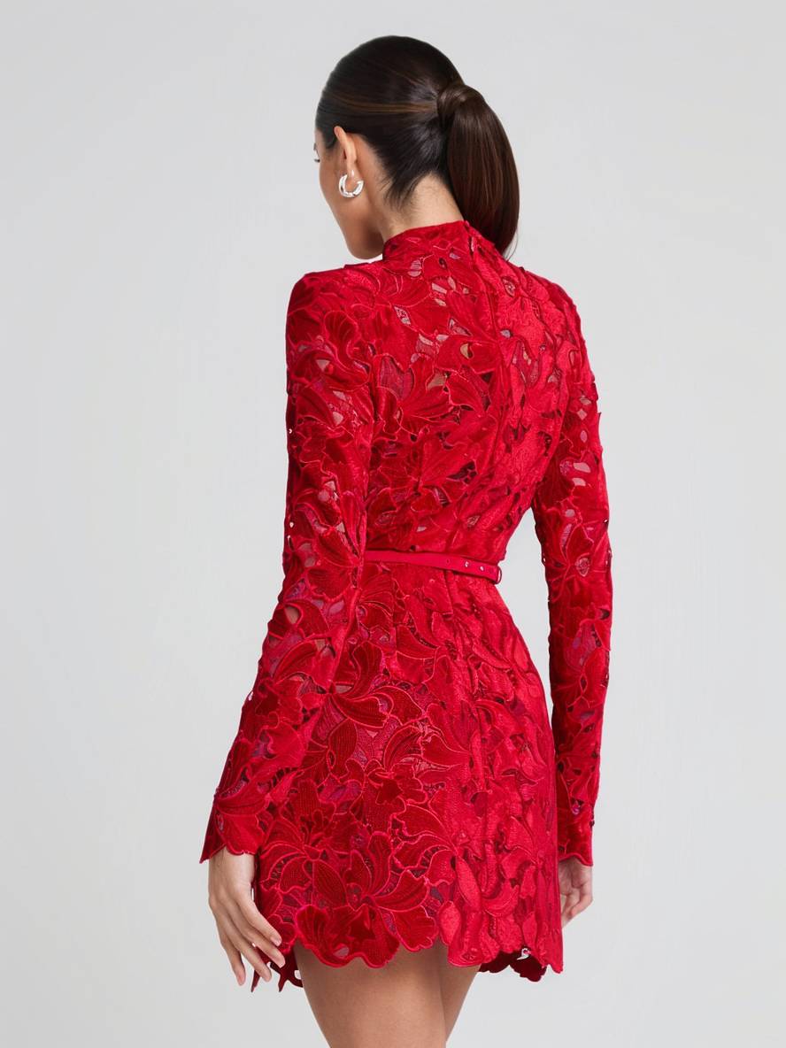 Heidi-Mode | Kurzes A-Linien-Kleid aus Spitze mit Englischer Stickerei, Rundhalsausschnitt, Lange Ärmel, Elegantes Damen Abend Cocktailkleid