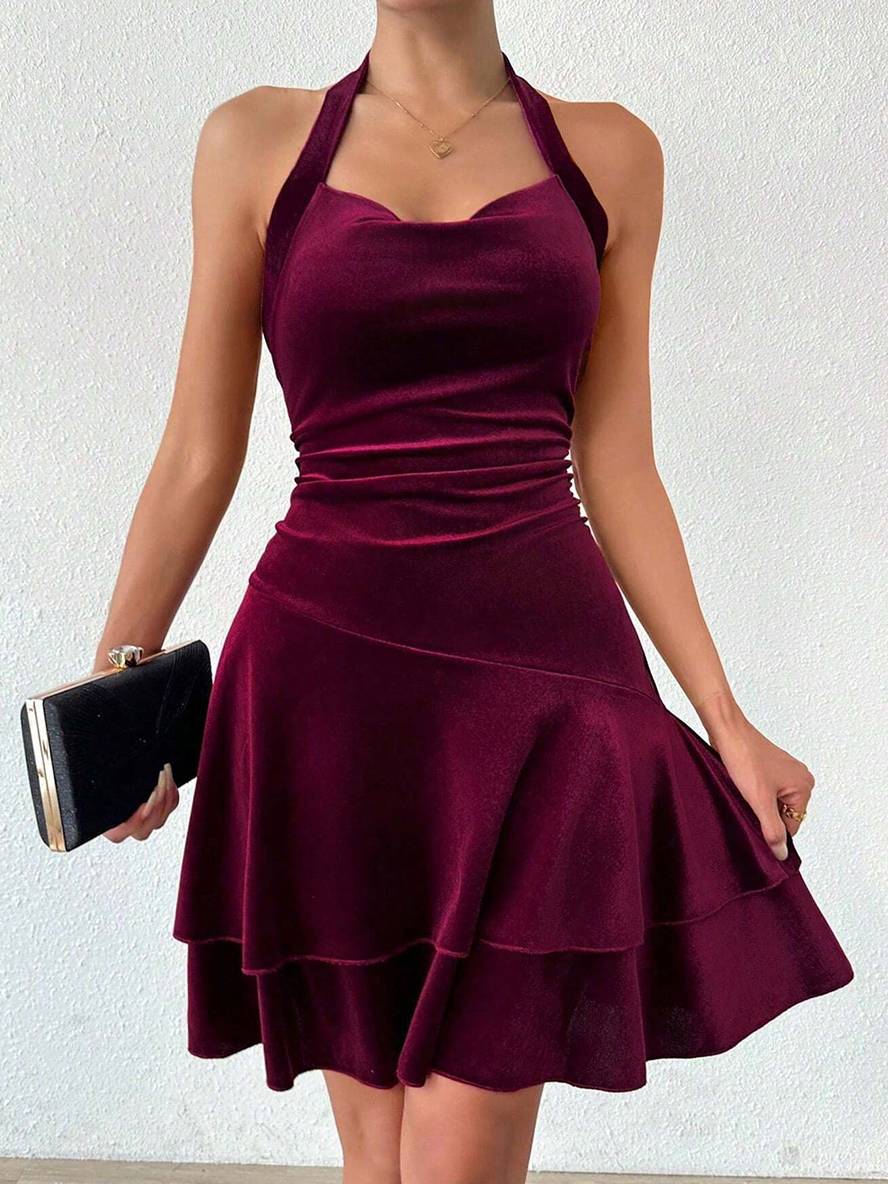 Heidi-Mode | Kurz Enges Trapezkleid Neckholder Rückenausschnitt mit Volant Ärmellos Elegante Damen Abschlussball Cocktailkleid