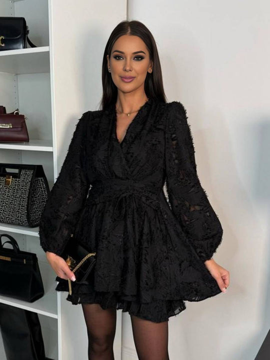 Heidi-Mode | Kurz Kleid Chiffon V-Ausschnitt mit Rüschendetail Schleife Lange Ärmel Elegant Lässig Cocktailfest