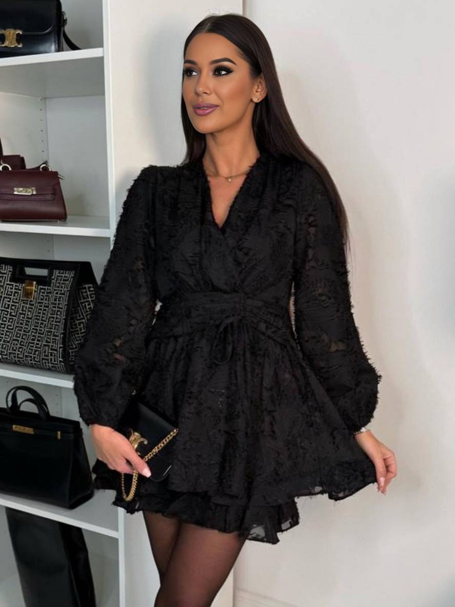 Heidi-Mode | Kurz Kleid Chiffon V-Ausschnitt mit Rüschendetail Schleife Lange Ärmel Elegant Lässig Cocktailfest
