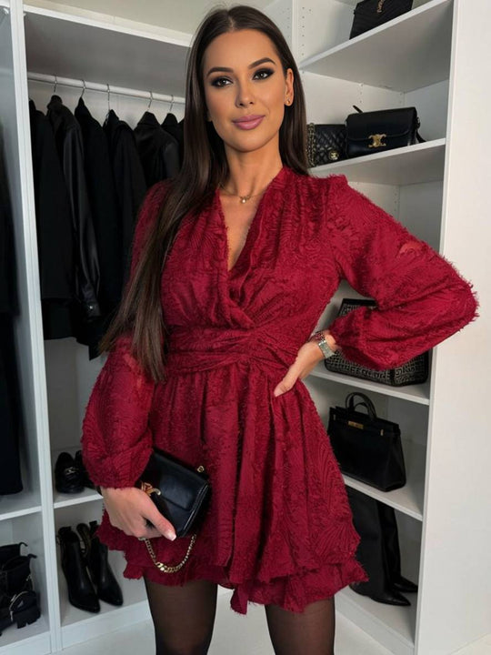 Heidi-Mode | Kurz Kleid Chiffon V-Ausschnitt mit Rüschendetail Schleife Lange Ärmel Elegant Lässig Cocktailfest