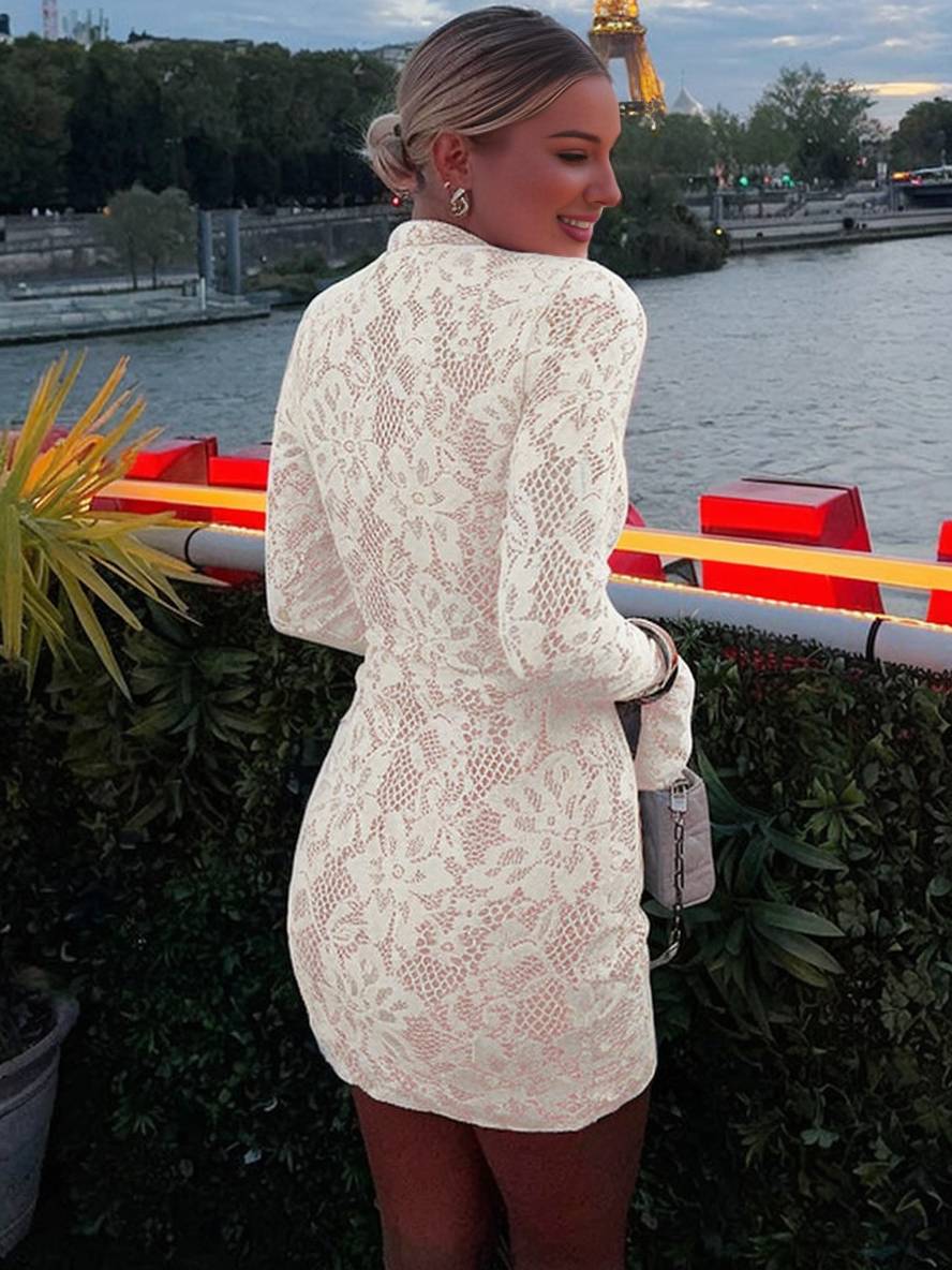 Heidi-Mode | Kurzes Kleid Spitze Ausschnitte Enganliegend Mao-Kragen Weite Ärmel Lange Ärmel Damen Elegantes Cocktailkleid