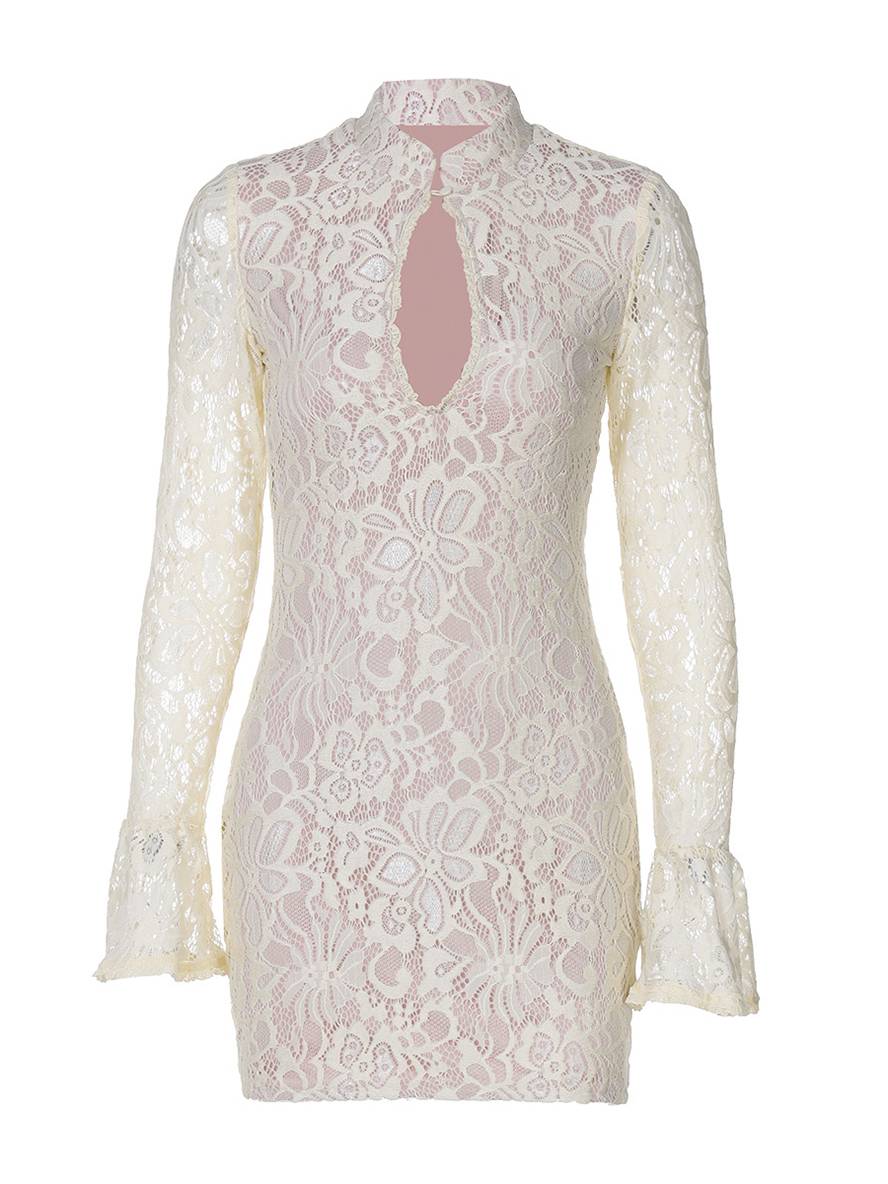 Heidi-Mode | Kurzes Kleid Spitze Ausschnitte Enganliegend Mao-Kragen Weite Ärmel Lange Ärmel Damen Elegantes Cocktailkleid
