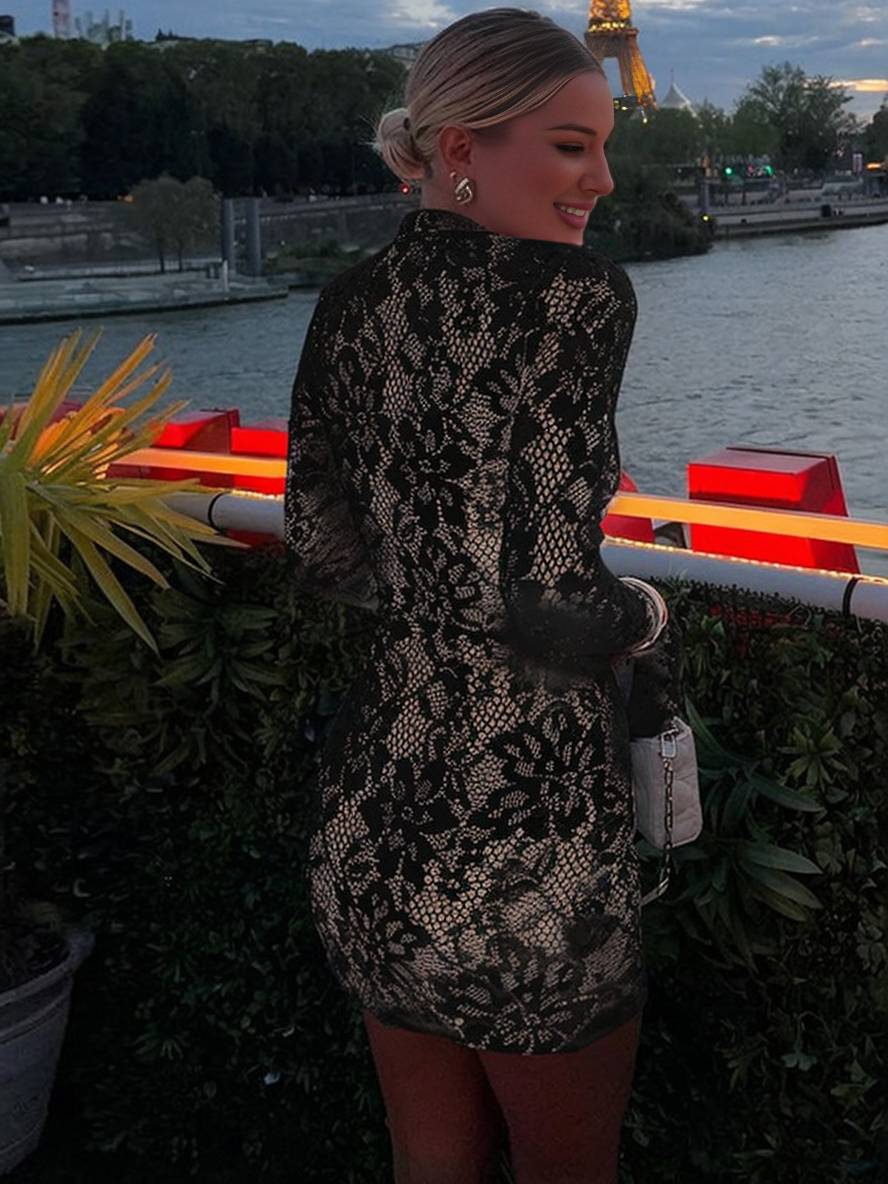 Heidi-Mode | Kurzes Kleid Spitze Ausschnitte Enganliegend Mao-Kragen Weite Ärmel Lange Ärmel Damen Elegantes Cocktailkleid