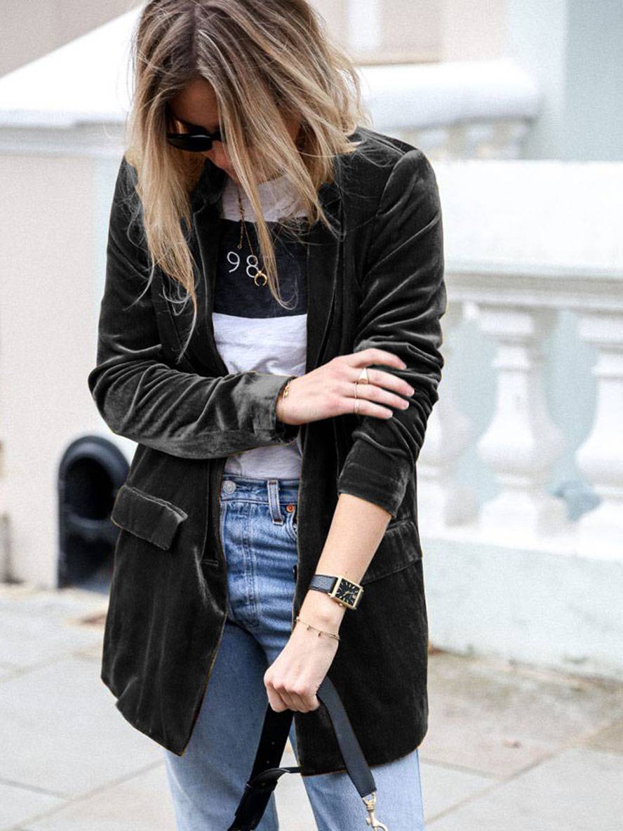 Heidi-Mode | Mittel-Lang Samt Blazer Knöpfe Taschen Lange Ärmel Damen Elegante Mode Jacke