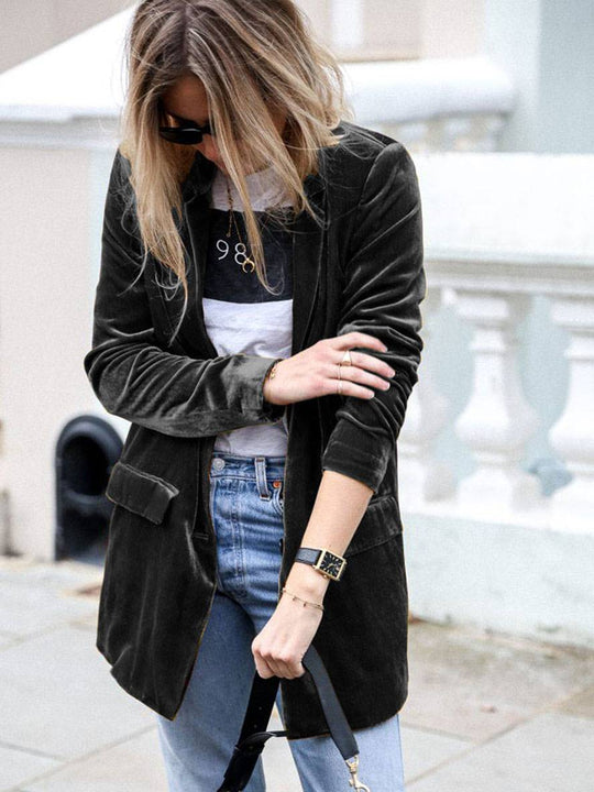 Heidi-Mode | Mittel-Lang Samt Blazer Knöpfe Taschen Lange Ärmel Damen Elegante Mode Jacke