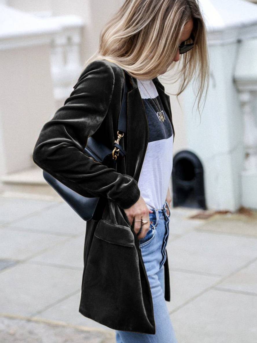 Heidi-Mode | Mittel-Lang Samt Blazer Knöpfe Taschen Lange Ärmel Damen Elegante Mode Jacke