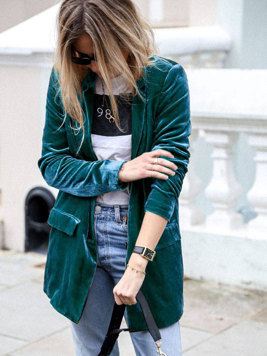 Heidi-Mode | Mittel-Lang Samt Blazer Knöpfe Taschen Lange Ärmel Damen Elegante Mode Jacke