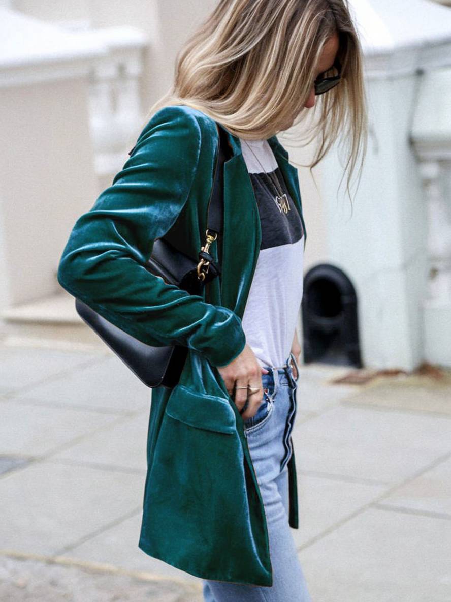 Heidi-Mode | Mittel-Lang Samt Blazer Knöpfe Taschen Lange Ärmel Damen Elegante Mode Jacke