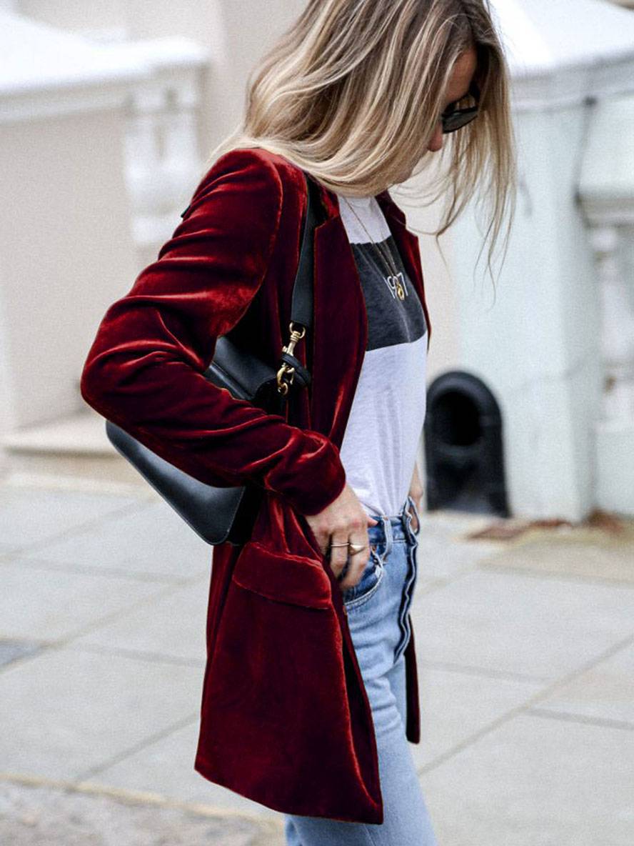 Heidi-Mode | Mittel-Lang Samt Blazer Knöpfe Taschen Lange Ärmel Damen Elegante Mode Jacke