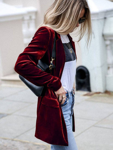 Heidi-Mode | Mittel-Lang Samt Blazer Knöpfe Taschen Lange Ärmel Damen Elegante Mode Jacke