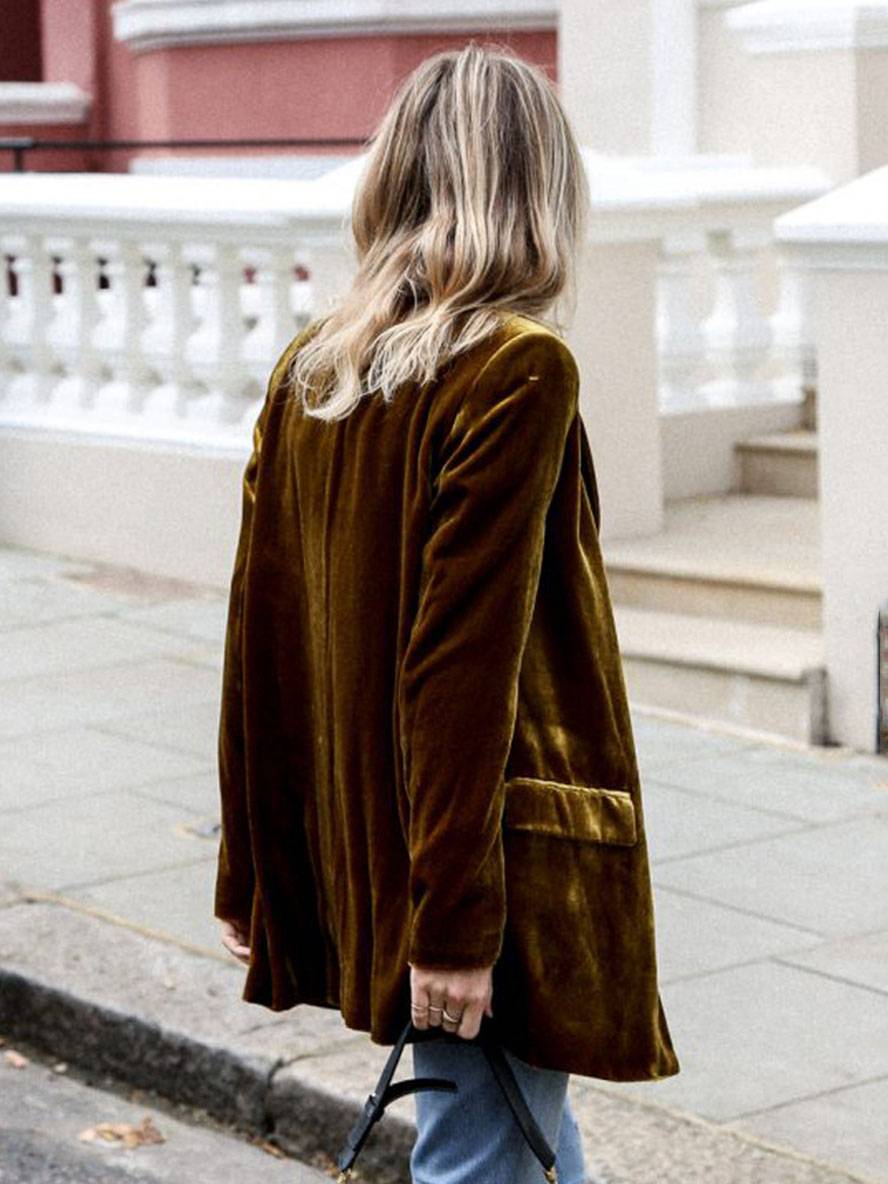 Heidi-Mode | Mittel-Lang Samt Blazer Knöpfe Taschen Lange Ärmel Damen Elegante Mode Jacke