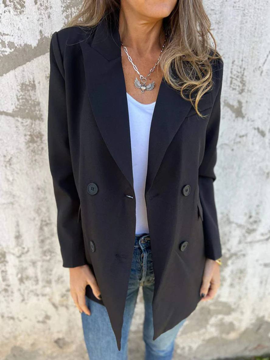Heidi-Mode | Blazer Uni Farbe Doppelreihe Taschen Lange Ärmel Damen Elegante Freizeit Jacke Herbst
