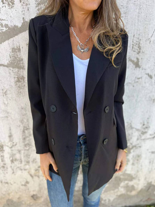 Heidi-Mode | Blazer Uni Farbe Doppelreihe Taschen Lange Ärmel Damen Elegante Freizeit Jacke Herbst