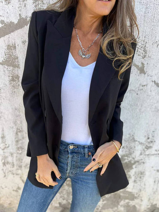 Heidi-Mode | Blazer Uni Farbe Doppelreihe Taschen Lange Ärmel Damen Elegante Freizeit Jacke Herbst