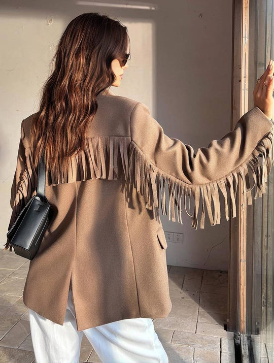 Heidi-Mode | Einfarbiger Blazer Fransen Knopf Taschen Lange Ärmel Damen Elegant Lässig Weit Jacke
