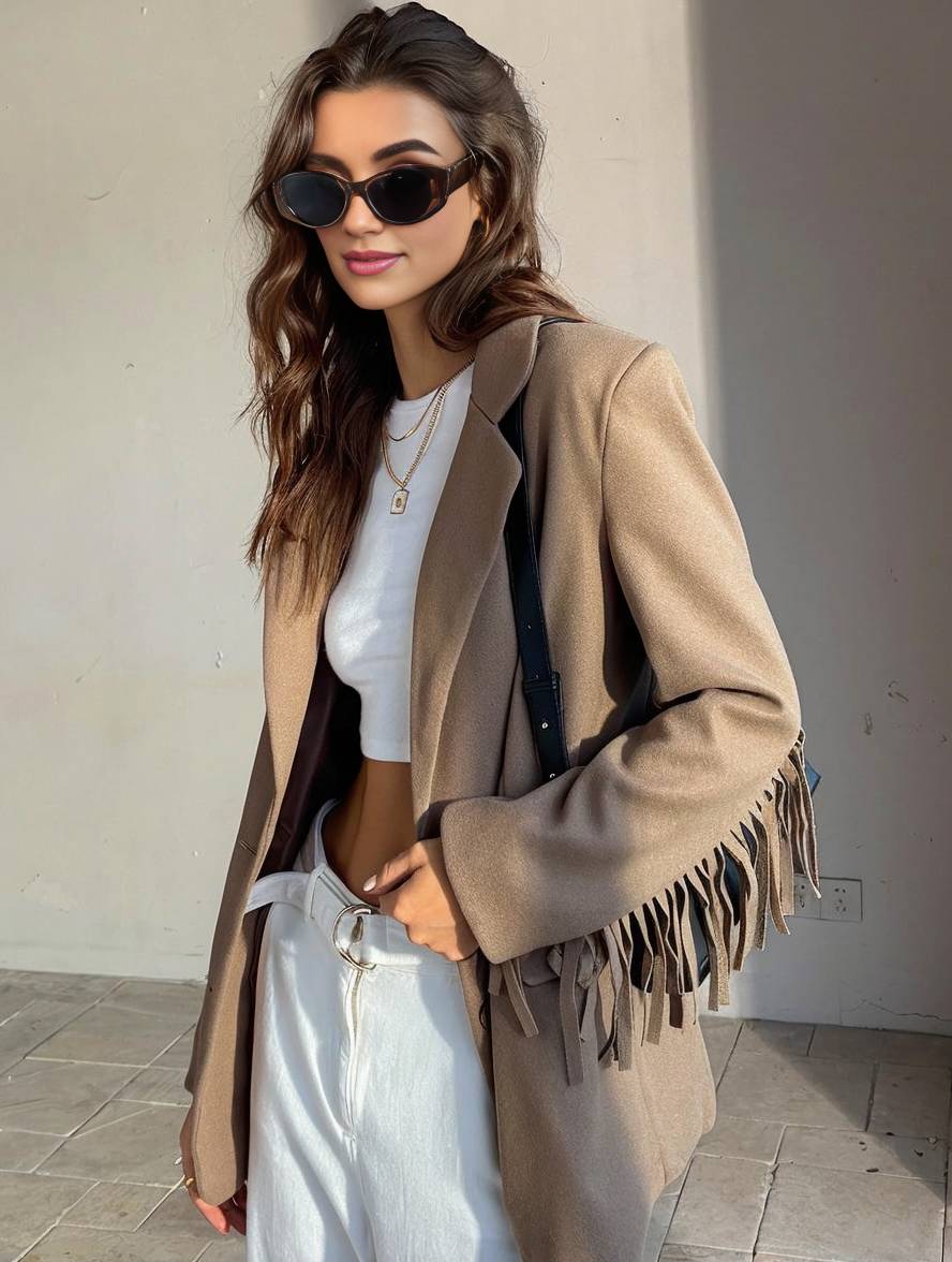 Heidi-Mode | Einfarbiger Blazer Fransen Knopf Taschen Lange Ärmel Damen Elegant Lässig Weit Jacke