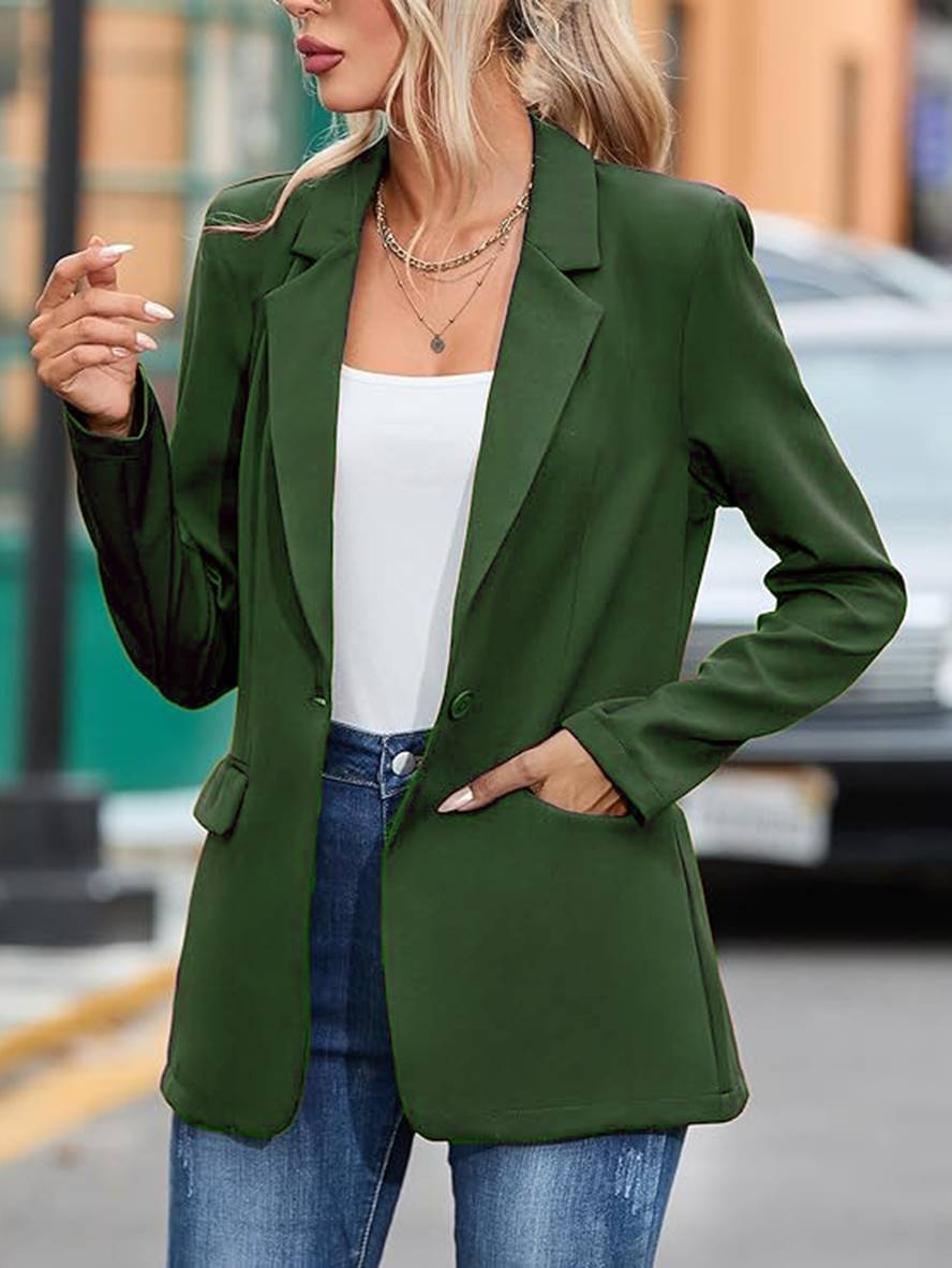 Heidi-Mode | Mittellanger Blazer Einfarbig Gürtel Taschen Lange Ärmel Damen Elegant Lässig Mode Jacke