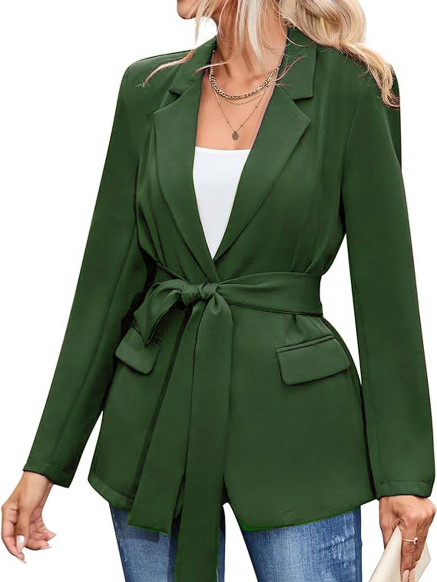 Heidi-Mode | Mittellanger Blazer Einfarbig Gürtel Taschen Lange Ärmel Damen Elegant Lässig Mode Jacke