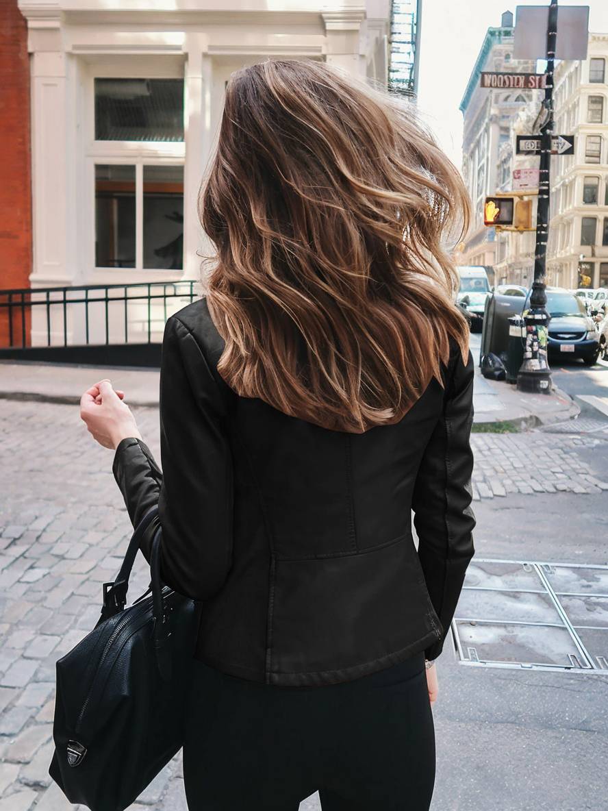 Heidi-Mode | Kurz Perfekto aus Kunstleder Stehkragen Lange Ärmel Damen Elegant Lässig Jacke Herbst