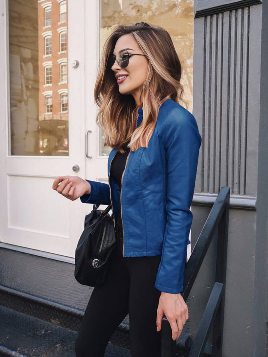 Heidi-Mode | Kurz Perfekto aus Kunstleder Stehkragen Lange Ärmel Damen Elegant Lässig Jacke Herbst