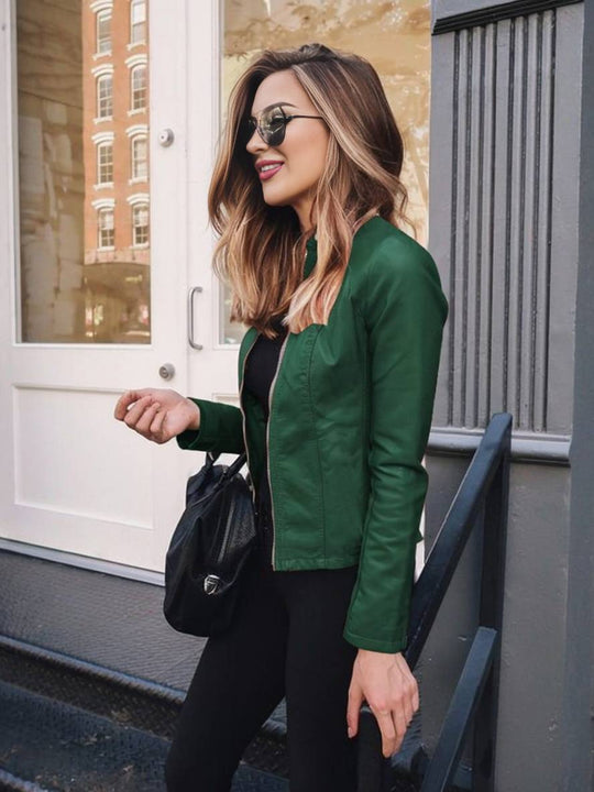 Heidi-Mode | Kurz Perfekto aus Kunstleder Stehkragen Lange Ärmel Damen Elegant Lässig Jacke Herbst