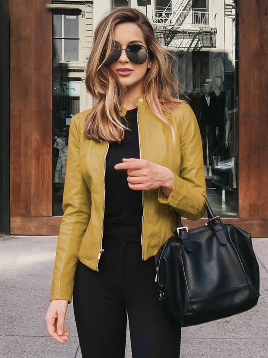 Heidi-Mode | Kurz Perfekto aus Kunstleder Stehkragen Lange Ärmel Damen Elegant Lässig Jacke Herbst
