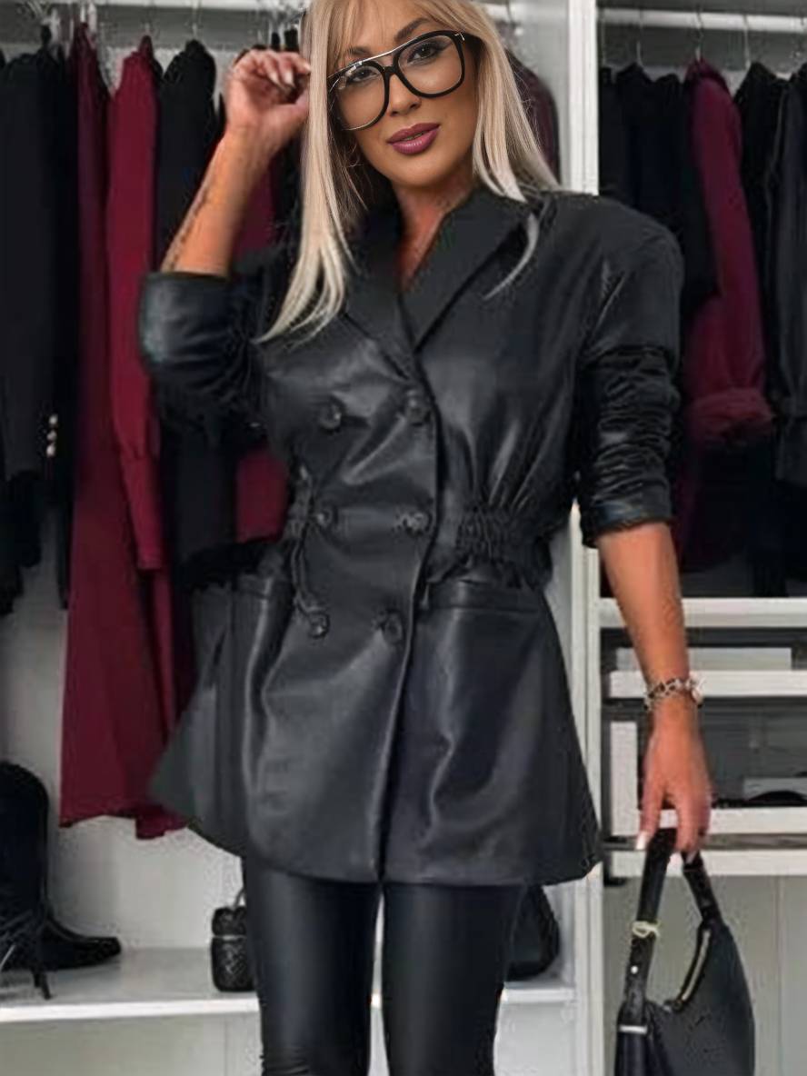 Heidi-Mode | Elegante Freizeitmode Damen Doppelreiher Langarm Kunstlederjacke