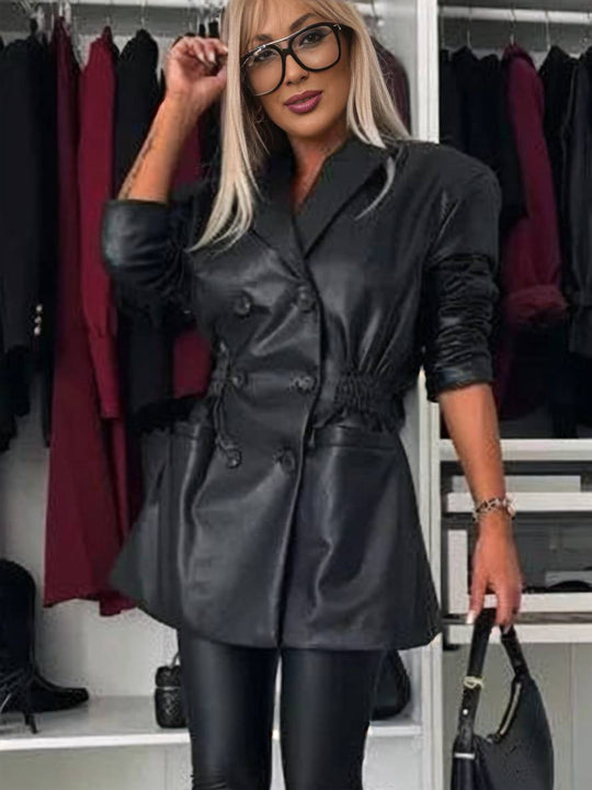 Heidi-Mode | Elegante Freizeitmode Damen Doppelreiher Langarm Kunstlederjacke