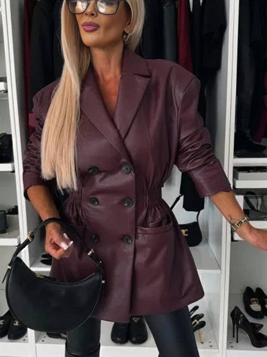 Heidi-Mode | Elegante Freizeitmode Damen Doppelreiher Langarm Kunstlederjacke