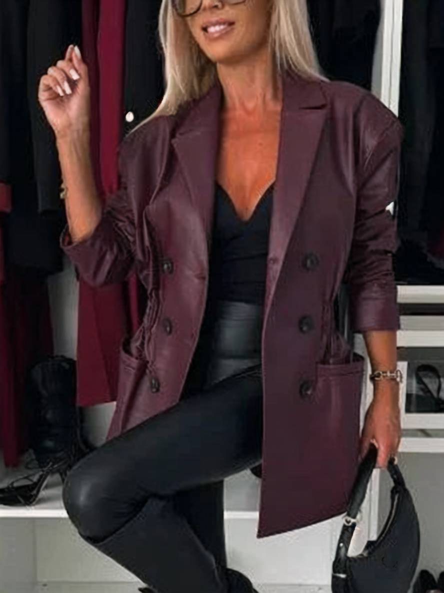 Heidi-Mode | Elegante Freizeitmode Damen Doppelreiher Langarm Kunstlederjacke