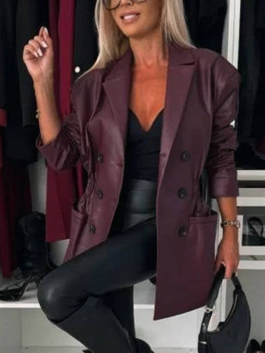 Heidi-Mode | Elegante Freizeitmode Damen Doppelreiher Langarm Kunstlederjacke