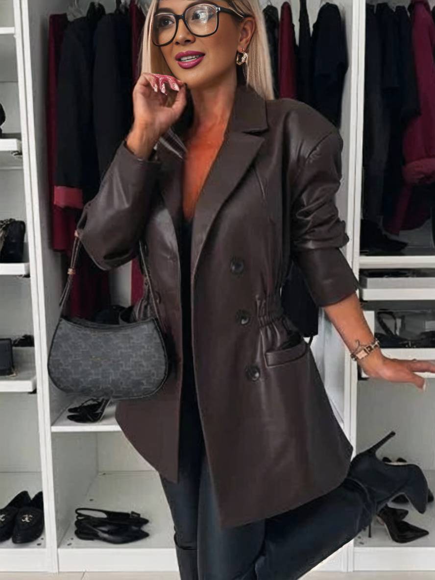 Heidi-Mode | Elegante Freizeitmode Damen Doppelreiher Langarm Kunstlederjacke