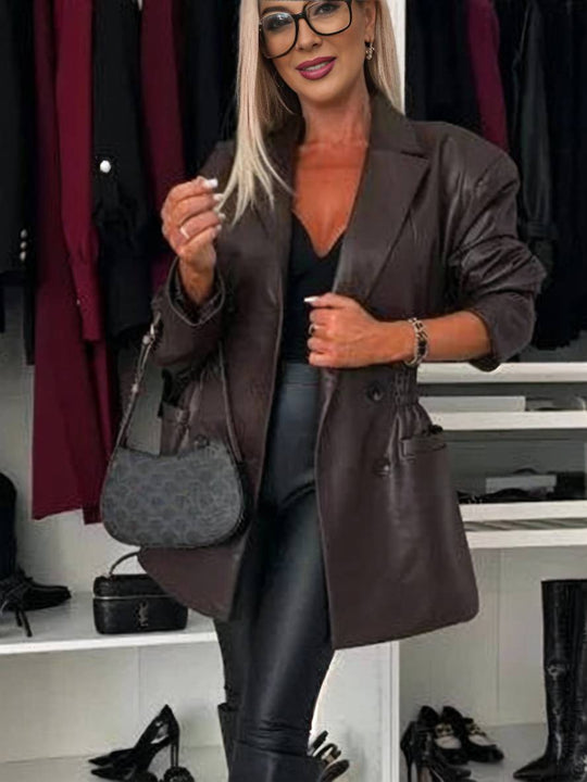 Heidi-Mode | Elegante Freizeitmode Damen Doppelreiher Langarm Kunstlederjacke
