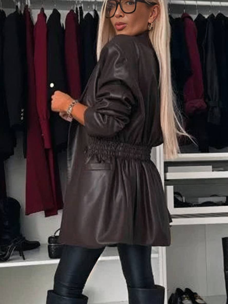 Heidi-Mode | Elegante Freizeitmode Damen Doppelreiher Langarm Kunstlederjacke