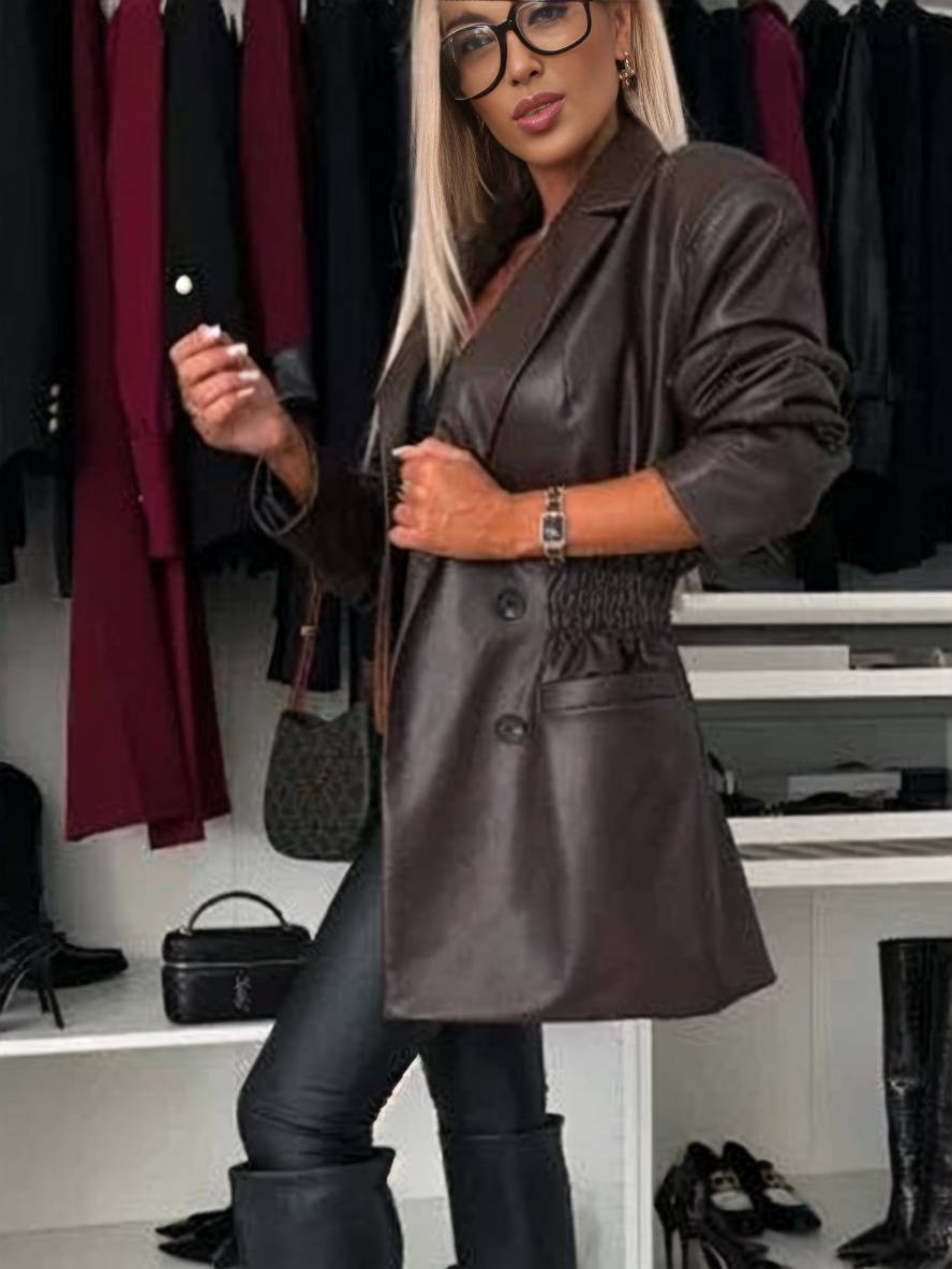 Heidi-Mode | Elegante Freizeitmode Damen Doppelreiher Langarm Kunstlederjacke