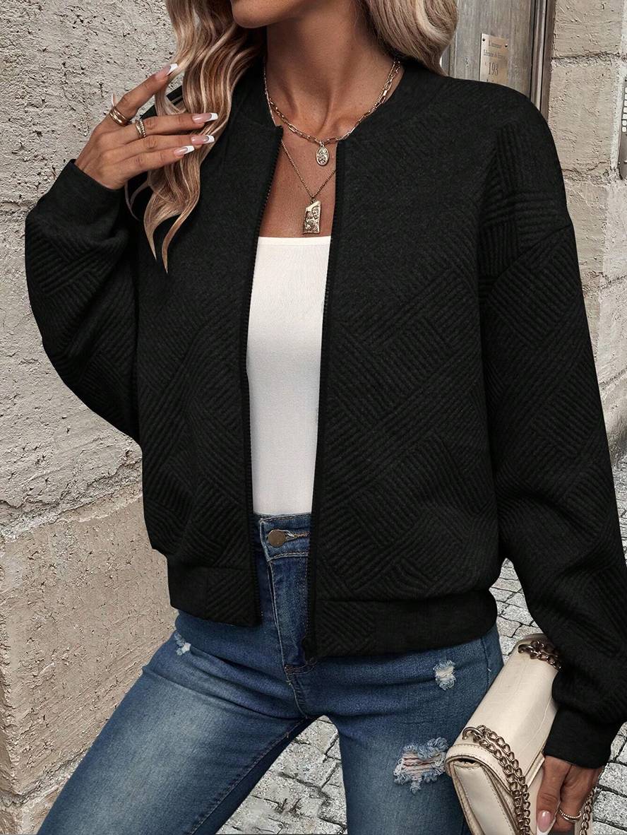 Heidi-Mode | Unifarbene Bomberjacke Rundkragen Baseballkragen Lange Ärmel Reißverschluss Damen Lässige Mode Herbstjacke