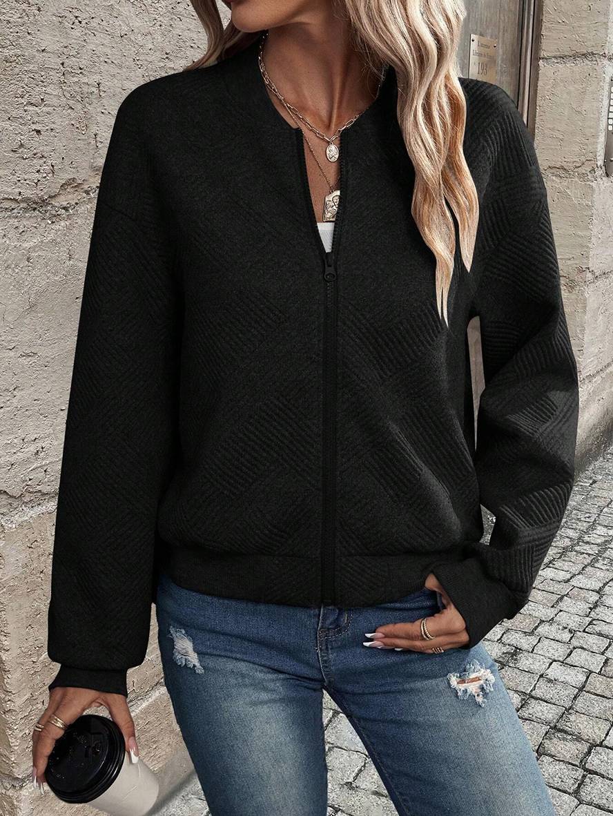 Heidi-Mode | Unifarbene Bomberjacke Rundkragen Baseballkragen Lange Ärmel Reißverschluss Damen Lässige Mode Herbstjacke