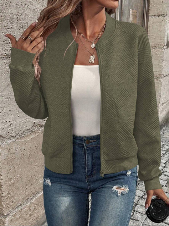 Heidi-Mode | Unifarbene Bomberjacke Rundkragen Baseballkragen Lange Ärmel Reißverschluss Damen Lässige Mode Herbstjacke