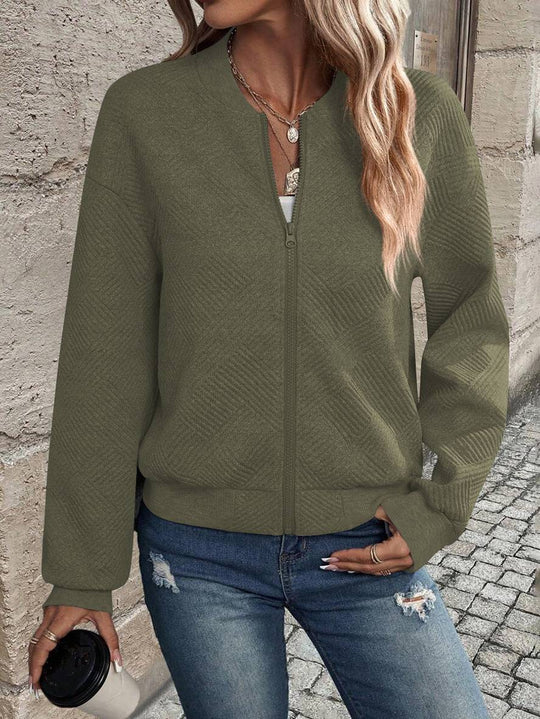 Heidi-Mode | Unifarbene Bomberjacke Rundkragen Baseballkragen Lange Ärmel Reißverschluss Damen Lässige Mode Herbstjacke