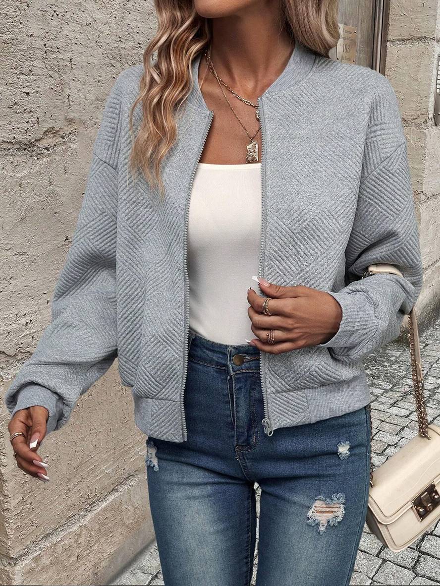 Heidi-Mode | Unifarbene Bomberjacke Rundkragen Baseballkragen Lange Ärmel Reißverschluss Damen Lässige Mode Herbstjacke
