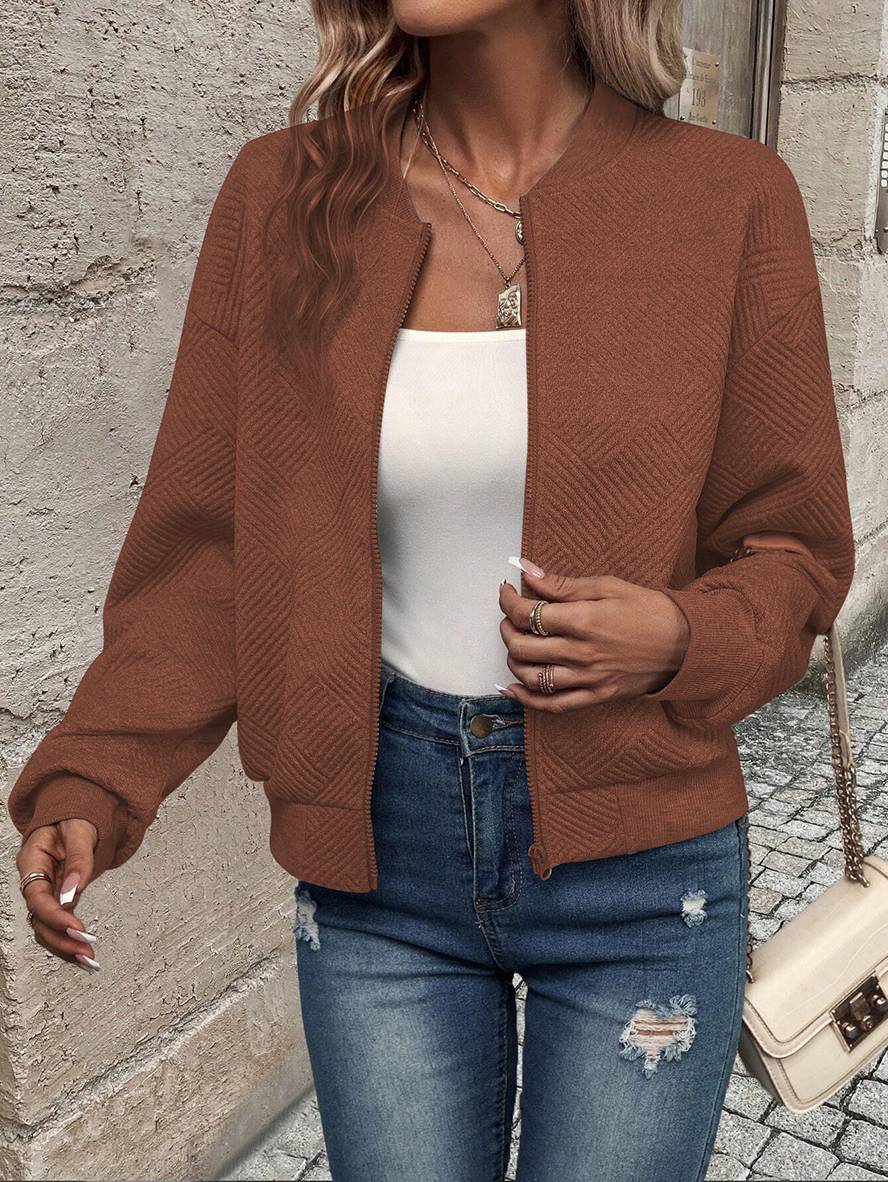 Heidi-Mode | Unifarbene Bomberjacke Rundkragen Baseballkragen Lange Ärmel Reißverschluss Damen Lässige Mode Herbstjacke