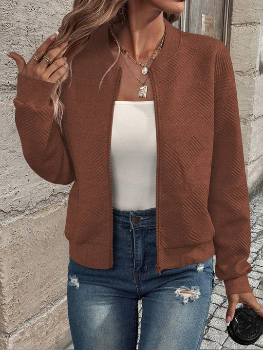 Heidi-Mode | Unifarbene Bomberjacke Rundkragen Baseballkragen Lange Ärmel Reißverschluss Damen Lässige Mode Herbstjacke